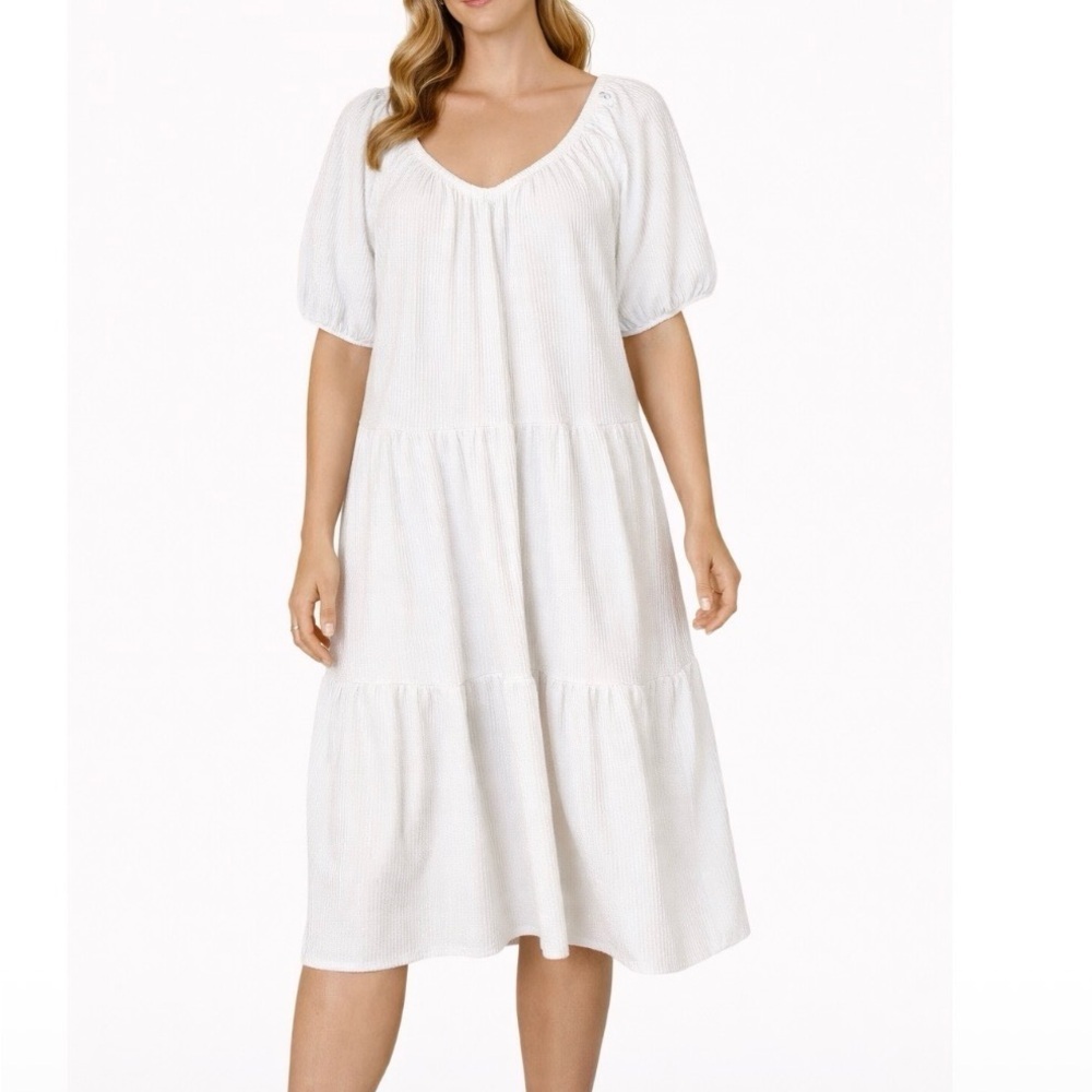 Caution to the Wind ribbed dress tiered white boxy textured loose fitting SZ LG